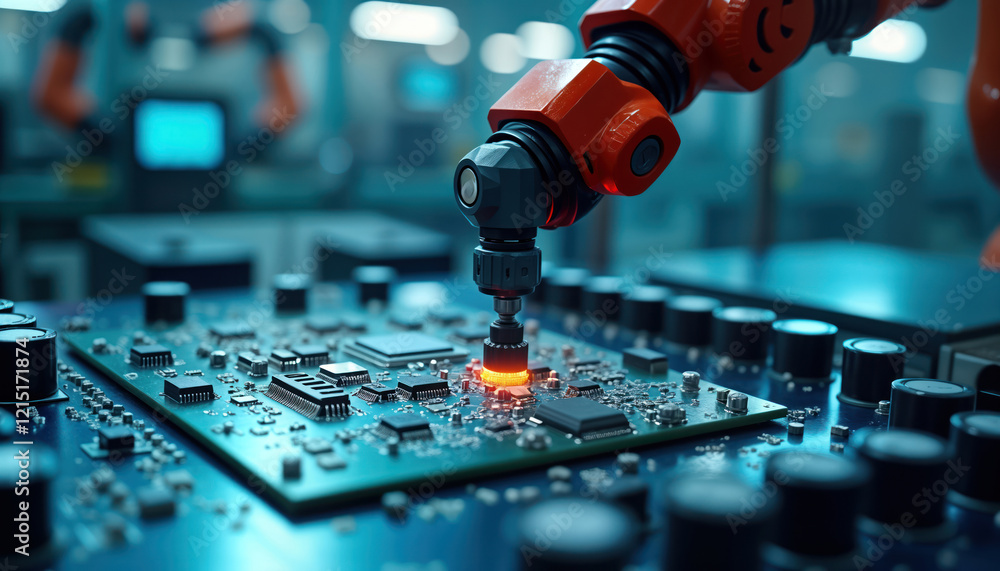 Poster advanced robot arm precisely assembles components on pc board in high-tech electronics factory. mode