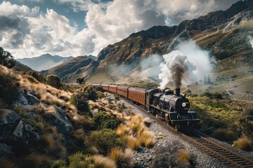Vintage steam locomotive travels through scenic mountains and lush landscapes with rising smoke against a dramatic sky