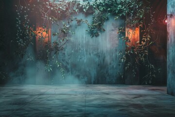 Vines and creeping plants are growing in an abandoned room with dim orange lights and a concrete floor