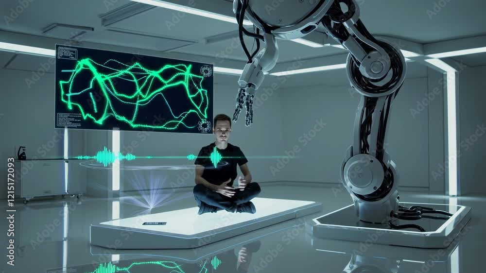Poster advanced robotics and virtual reality integration in a futuristic laboratory setting