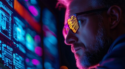 A man with glasses reflecting colorful data screens, immersed in technology, showcasing a blend of focus and modern digital environment.