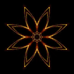 Holy vibrations of light. Spirit energy. Shining esoteric waves. .Mandala on black background. Flower spirit. Glow mehndi. flickering forms. .Colorful star. Kaleidoscope shape. Spiritual motifs