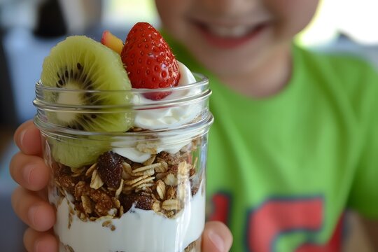 Delicious Granola Parfait with Yogurt Kiwi Strawberry Peach in Glass Jar