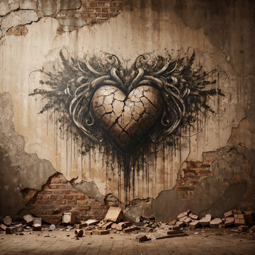 Grafiti g&oacute;tico y oscuro muestra un coraz&oacute;n decorado con dram&aacute;ticas formas oscuras con grietas y da&ntilde;os en una habitaci&oacute;n desolada muy deteriorada. 