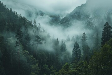 Atmospheric foggy landscape with fir trees covering a mountain range, creating a mysterious and moody scene