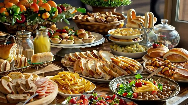 A hearty buffet breakfast offering eggs, cheese, cold cuts, and fresh vegetables.
