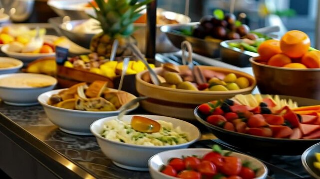 A hearty buffet breakfast offering eggs, cheese, cold cuts, and fresh vegetables.
