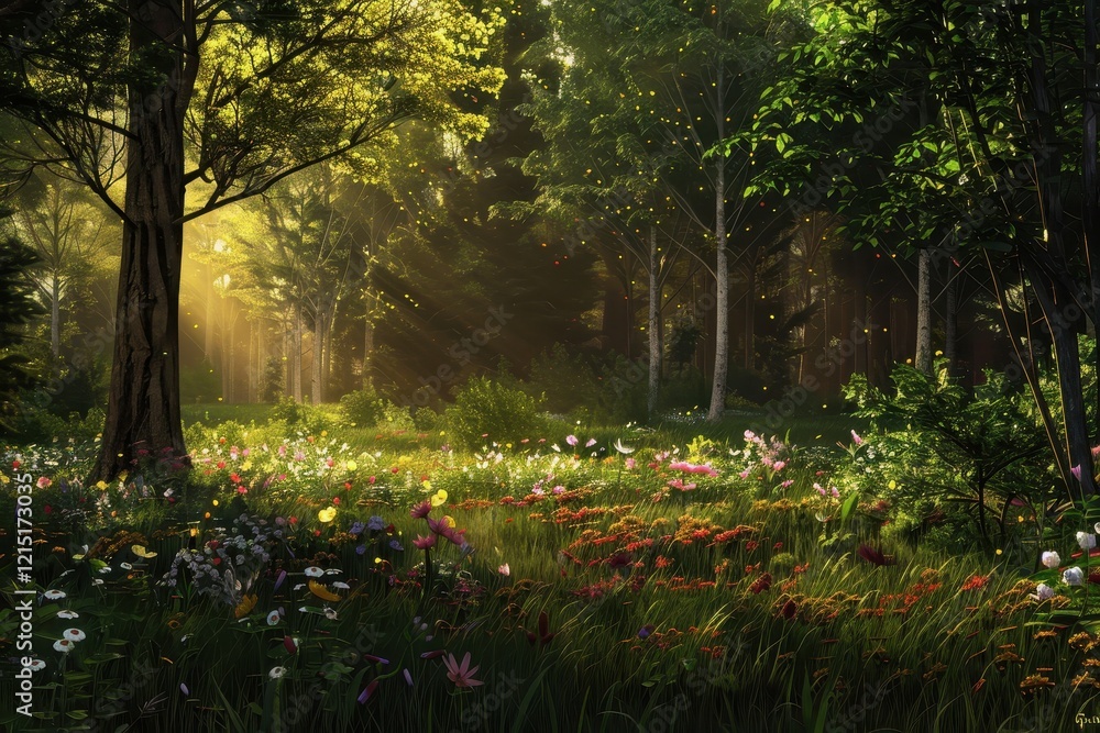 Poster sunlight filtering through trees highlights a meadow filled with wildflowers in a tranquil forest du