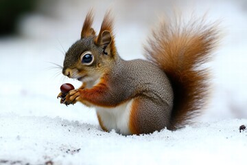 Squirrel searching for acorns in the snow during winter
