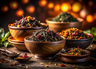 Night Photography: Assortment of Dry Tea in Ceramic Bowls