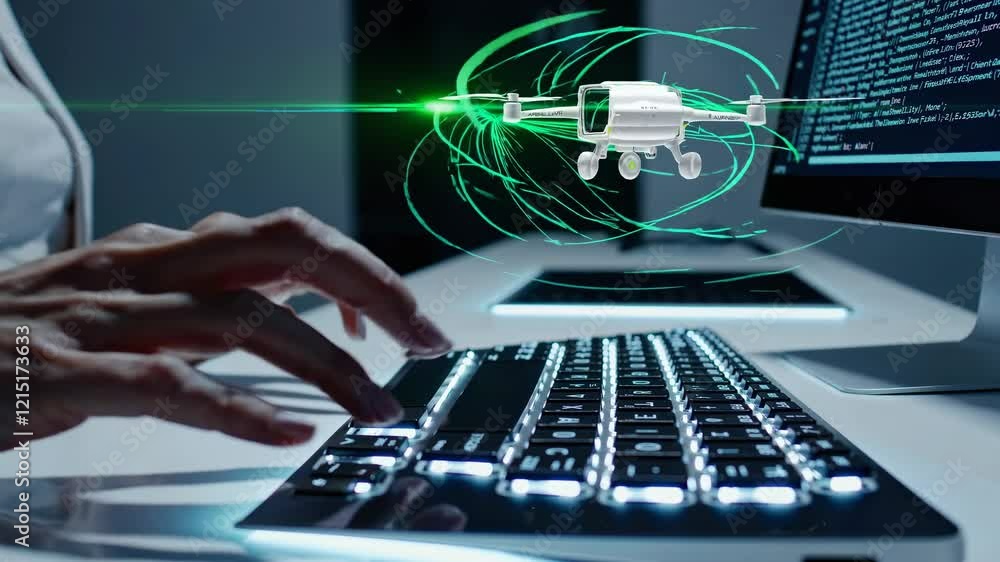 Poster innovative technology showcased with hands-on coding and drone control in a modern workspace environ