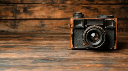 A captivating retro camera rests on a dark wooden background, highlighting the intricacy of its...