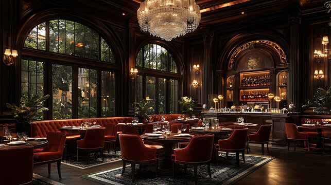 Elegant restaurant interior, lush garden view, bar, fine dining