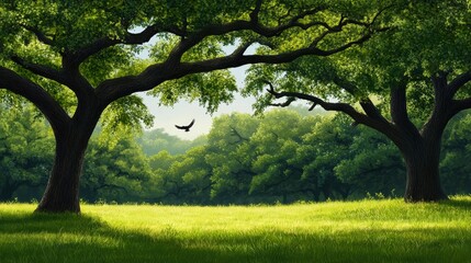 Obraz premium Serene Summer Meadow - A tranquil scene of a sunlit meadow nestled amongst lush green trees, with a bird in flight.