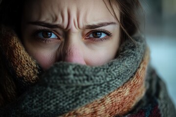 Woman shows signs of distress while wrapped in a thick scarf during cold weather