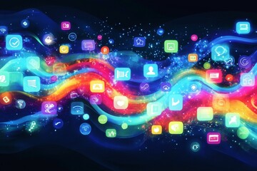 Fototapeta premium Colorful app icons flow on a dark, wavy background.