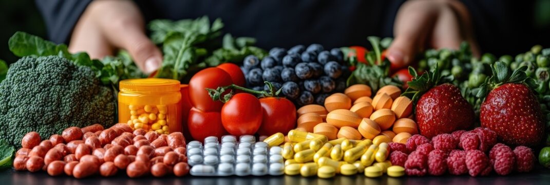 Vitamins and fresh produce showcase healthy living through natural and medicinal options
