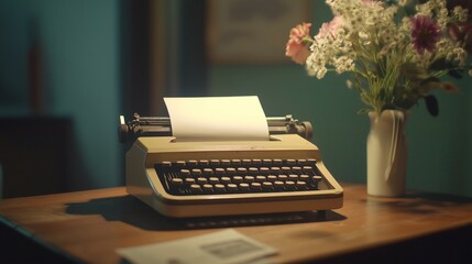 A vintage typewriter on a wooden desk, with a blank sheet of paper inserted
