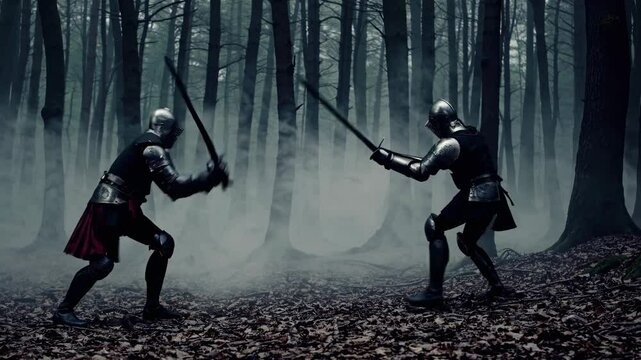 Two armored knights engage in a sword fight in a misty forest during twilight hours