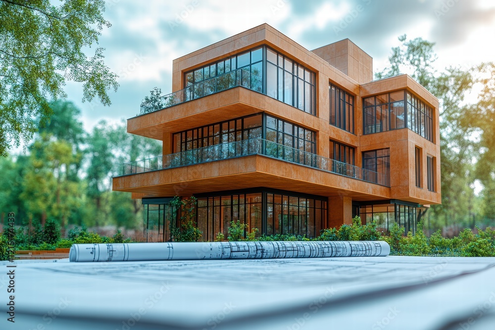 Poster architect evaluates modern building design with blueprints in outdoor setting
