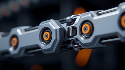 A close-up of a metallic robotic joint featuring intricate design and orange accents, showcasing modern engineering and technology.