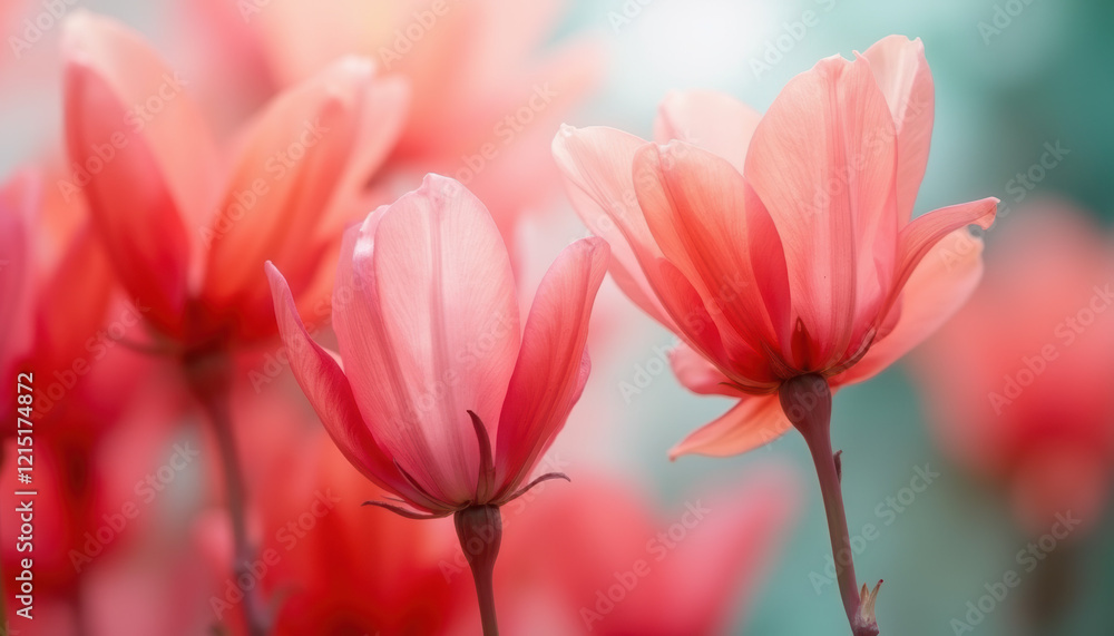Poster close-up image of delicate pink and red flowers with soft petals creating a serene and vibrant backg