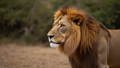 Naklejka premium Powerful lion showing its majestic features and attentive gaze in a captivating outdoor landscape.