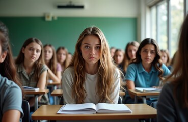 Teenage girls sit in classroom after lecture. Serious expressions on faces. One girl looks directly at camera, showing sadness, stress. College classroom setting evident. Focus on emotional state of