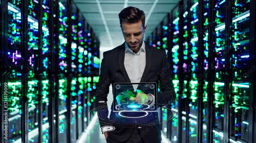 Poster Professional in formal attire showcasing technology in a modern data center filled with vibrant server lights