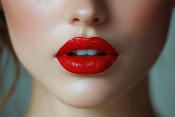Fototapeta premium Bright red lips showcase vibrant makeup in a close-up view