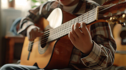 Obraz premium Close-up of hands strumming acoustic guitar