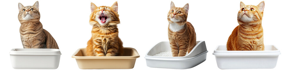 Four cats sitting in different litter trays, each displaying unique expressions, showcasing their playful and curious nature.
