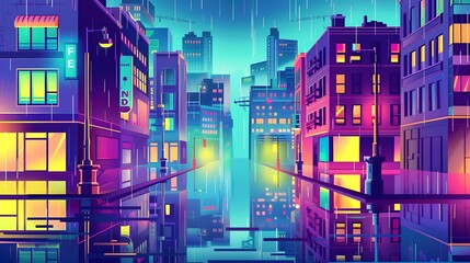 Vibrant Cityscape Under Rainy Night Sky
