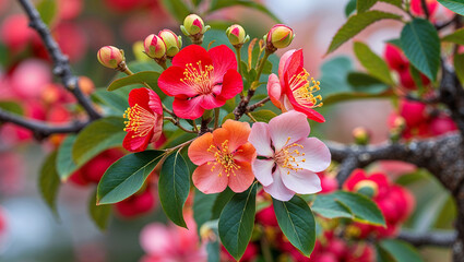 Flowering Quince with bright red, orange, or pink blossoms