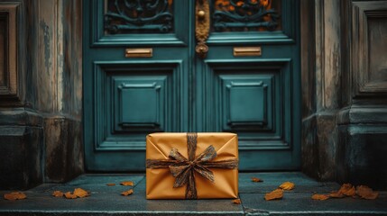 Wrapped Gift Box Placed in Front of a Green Door, Holiday or Surprise Delivery Concept