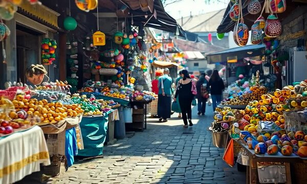 Vibrant Easter bazaar scene with stalls filled with painted eggs, traditional crafts, fresh flowers, and cheerful vendors