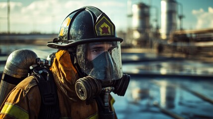 Obraz premium A firefighter in full gear stands vigilant, embodying courage and readiness in an industrial setting amid pipes and tanks.