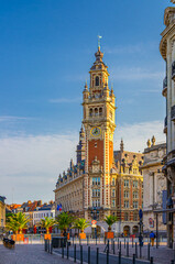 Fototapeta premium Lille Chamber of Commerce and Industry Nouvelle Bourse with bell tower on Place du Theatre square in historical city center, French Flanders, Nord department, Hauts-de-France Region, Northern France