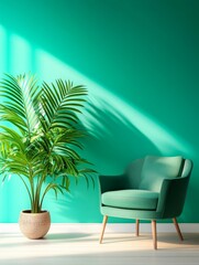 Stylish Green Room Interior Design - Relaxing, vibrant, modern, serene, and stylish home interior design featuring a green armchair and plant against a teal wall.