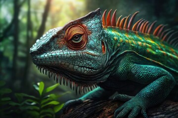 Fototapeta premium A vibrant portrait of a colored chameleon set against a lush forest backdrop.