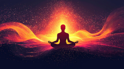 A calm silhouette meditates amidst vibrant colors and flowing energy waves, representing focus, relaxation, and spiritual development in a tranquil setting