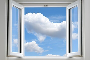 Open Casement Window View of Blue Sky with Fluffy White Clouds Sunlight and Freedom