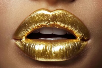 Fototapeta premium Glamorous golden lips that steal the spotlight.