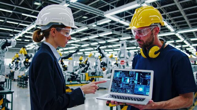 Workers discuss automation technology in a modern manufacturing facility in the afternoon, showcasing advanced systems and collaboration