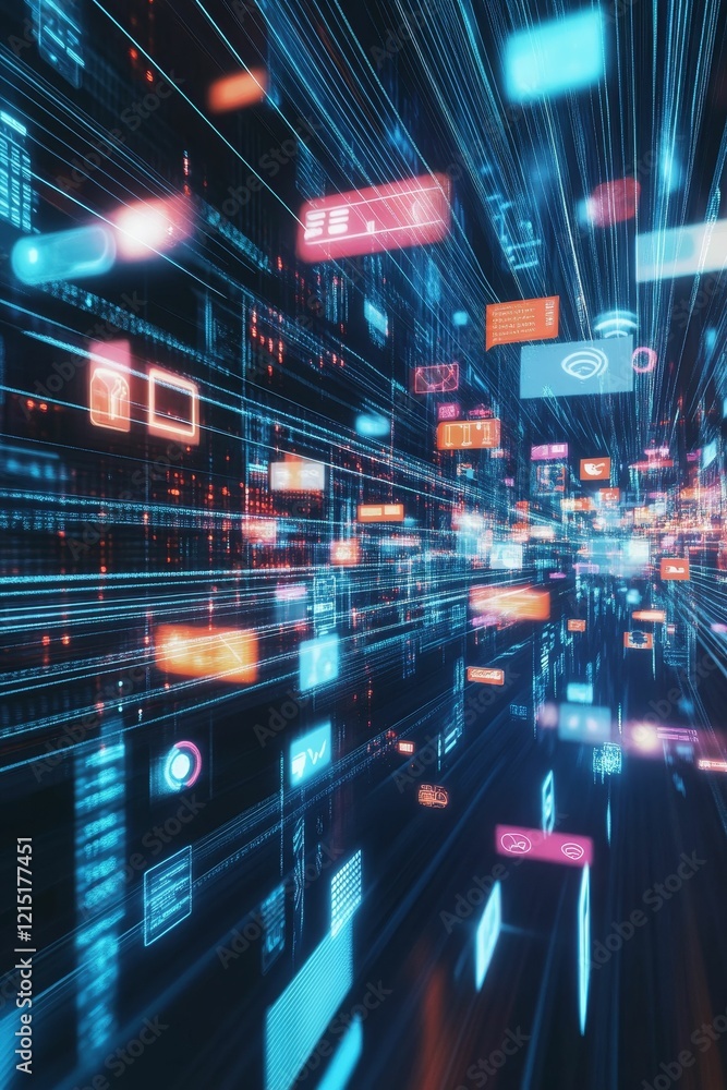 Poster digital data streams, glowing rectangles, abstract speed.