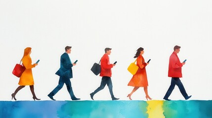 Busy People Walking Using Smartphones Urban Lifestyle Watercolor Illustration