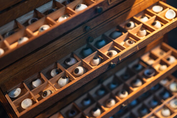 Wooden case filled with artificial eyes