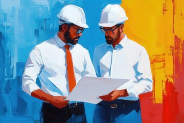 Two Male Architects Reviewing Blueprint Construction Site Teamwork Engineering