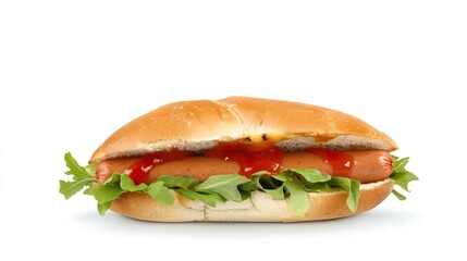 Delicious Hot Dog with Fresh Lettuce and Ketchup on White Background