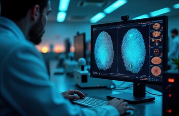 Forensic tech specialist analyzes fingerprint data on computer screen in high-tech lab. Modern tech tools, equipment aid in criminal investigations. Advanced analysis methods used to process